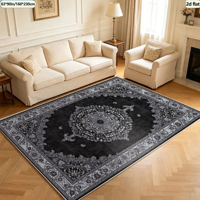 Black and Gray Antique Medal Pattern Carpet, Vintage Oriental Style Carpet, Suitable for Living Room, Bedroom, and Home Floor Decoration