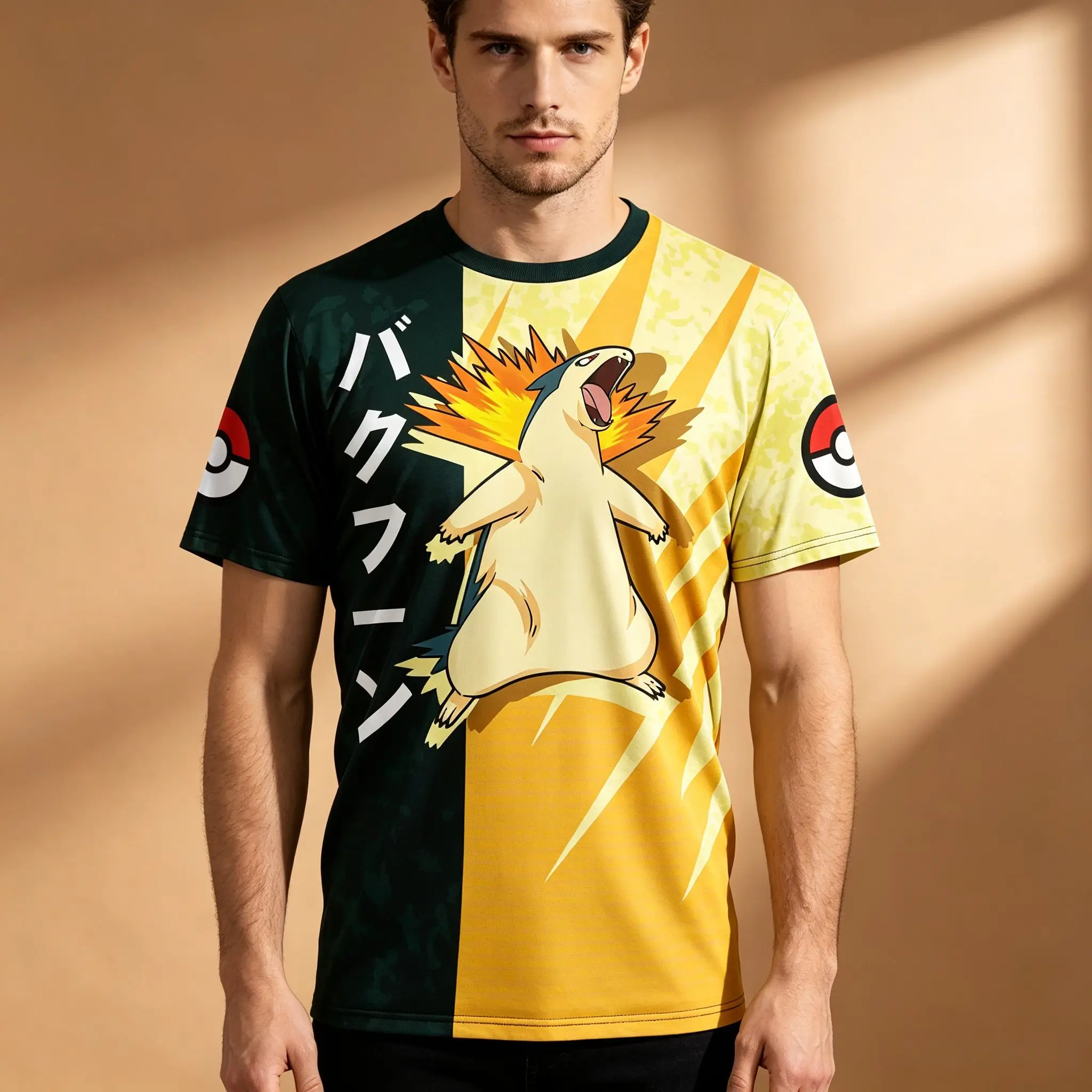 camiseta-masculina-de-dois-tons-com-estampa-dupla-face-totalmente-sublimada-com-grafico-de-anime-estampa-de-pokemon-typhlosion-pokeball-nas-mangas-vertical-j
