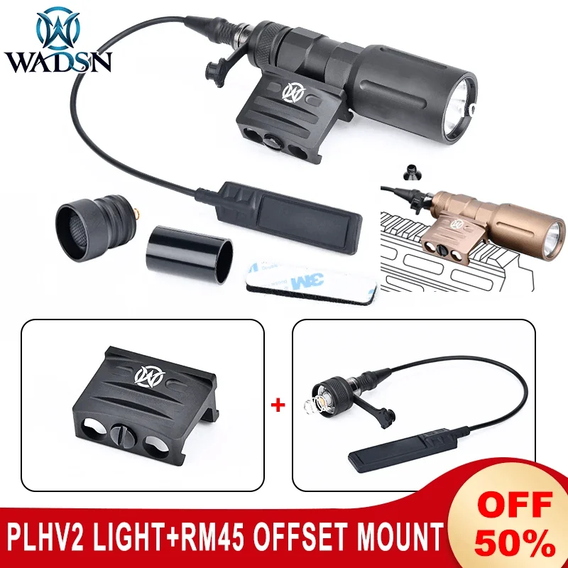 Wadsn Tactical PLHv2 Flashlight Metal 18350 Hunting Scout Light RM45 OffSet Mount for Picatinny Pressure Switch Airsoft Lamp