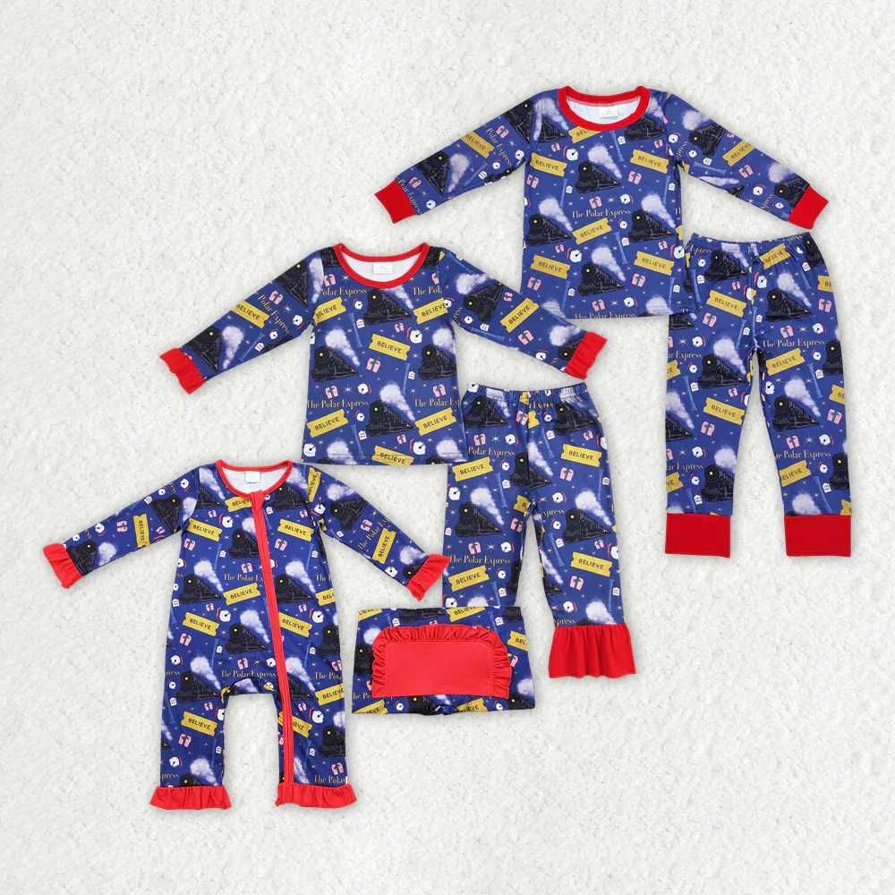 New Fashion Baby Girls Boys Christmas Train Navy Blue Long Sleeve Pajama Set Romper Wholesale Boutique Children Clothing RTS