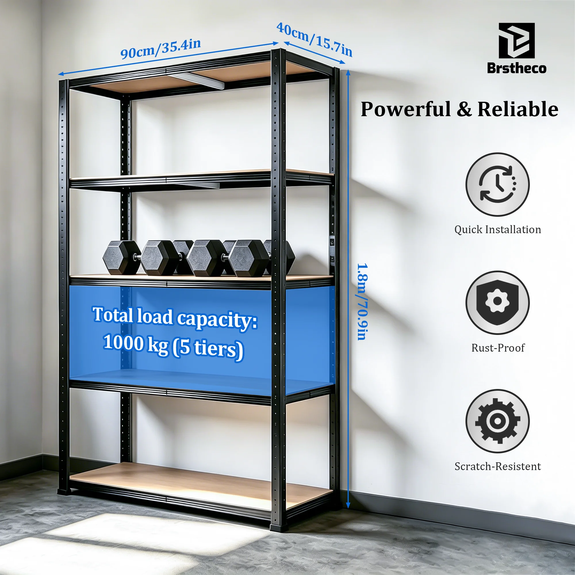 5-stöckiges Schwerlast-Metallregal ohne Schrauben, 750 kg maximale Belastung, verstellbare MDF-Regale, frei teilbare Struktur, Großraum-Organizer für Garage, Lager, Küche, Schlafzimmer, Büro, Keller – Detail 1