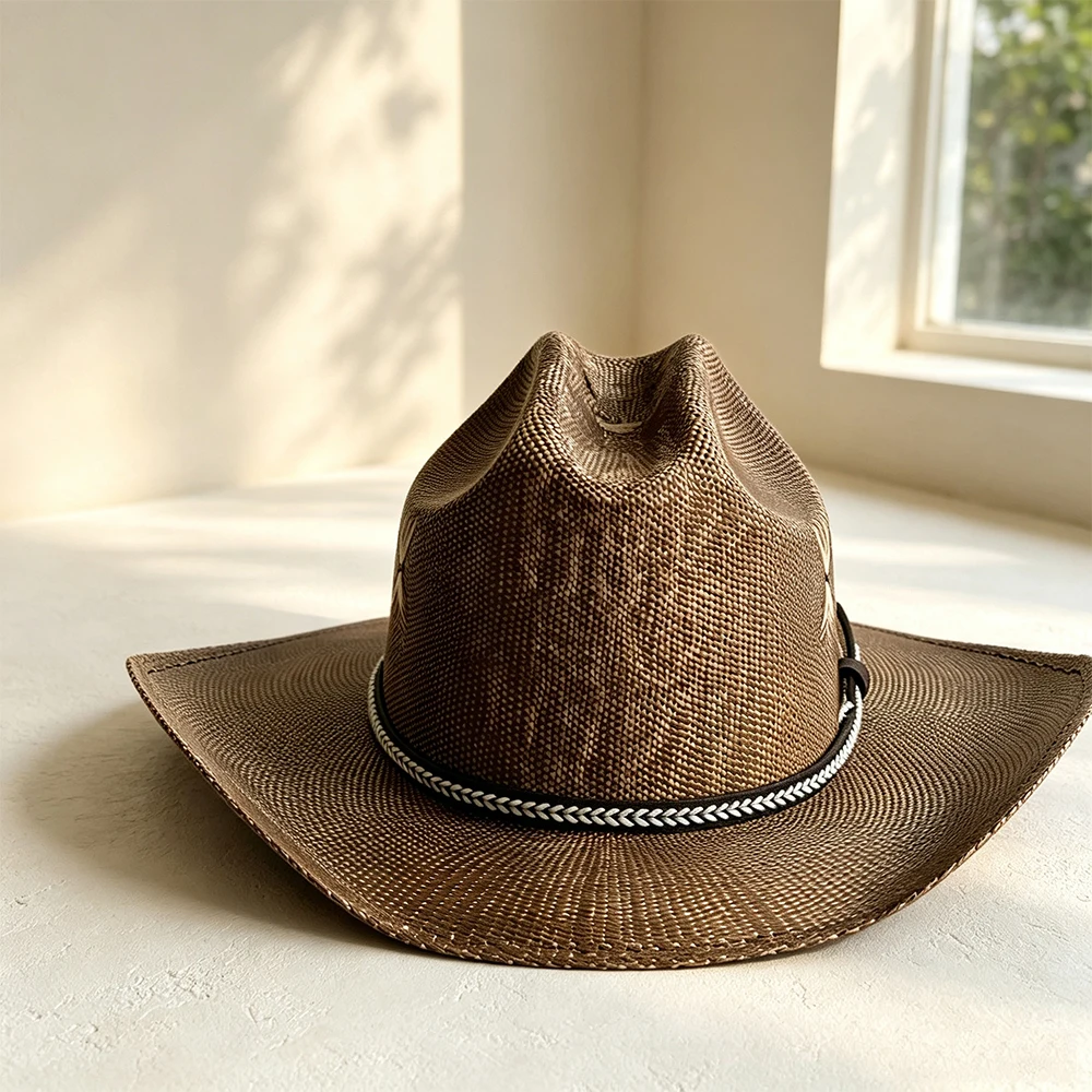 Vintage Imported Paper Straw Cowboy Hat Hand Tassel Embroidery Double Dent High Crown Wide Brim Sun Hat Braided Leather Band Wes