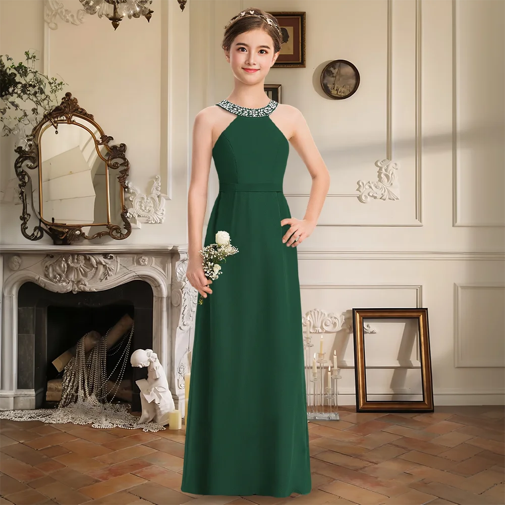 

Chiffon A-Line Halter Junior Bridesmaid Dress Floor-Length Beading Bow Flower Girl Dress Girls Formal Wedding Special Occasion