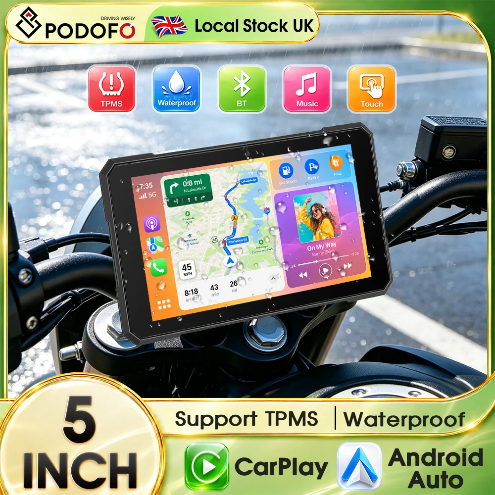 PODOFO 5 Inch Portable Motorcycle CarPlay Display IP67 Waterproof