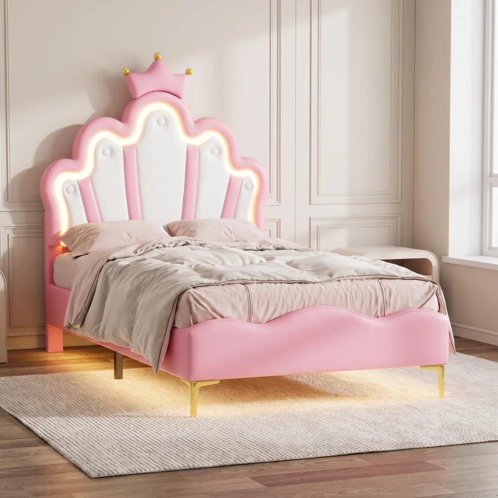 Letto singolo Superaly 90 x 200 cm, letto con struttura imbottita, struttura per letto da principessa con testiera a forma di corona, testiera e base del letto, colore rosa.
