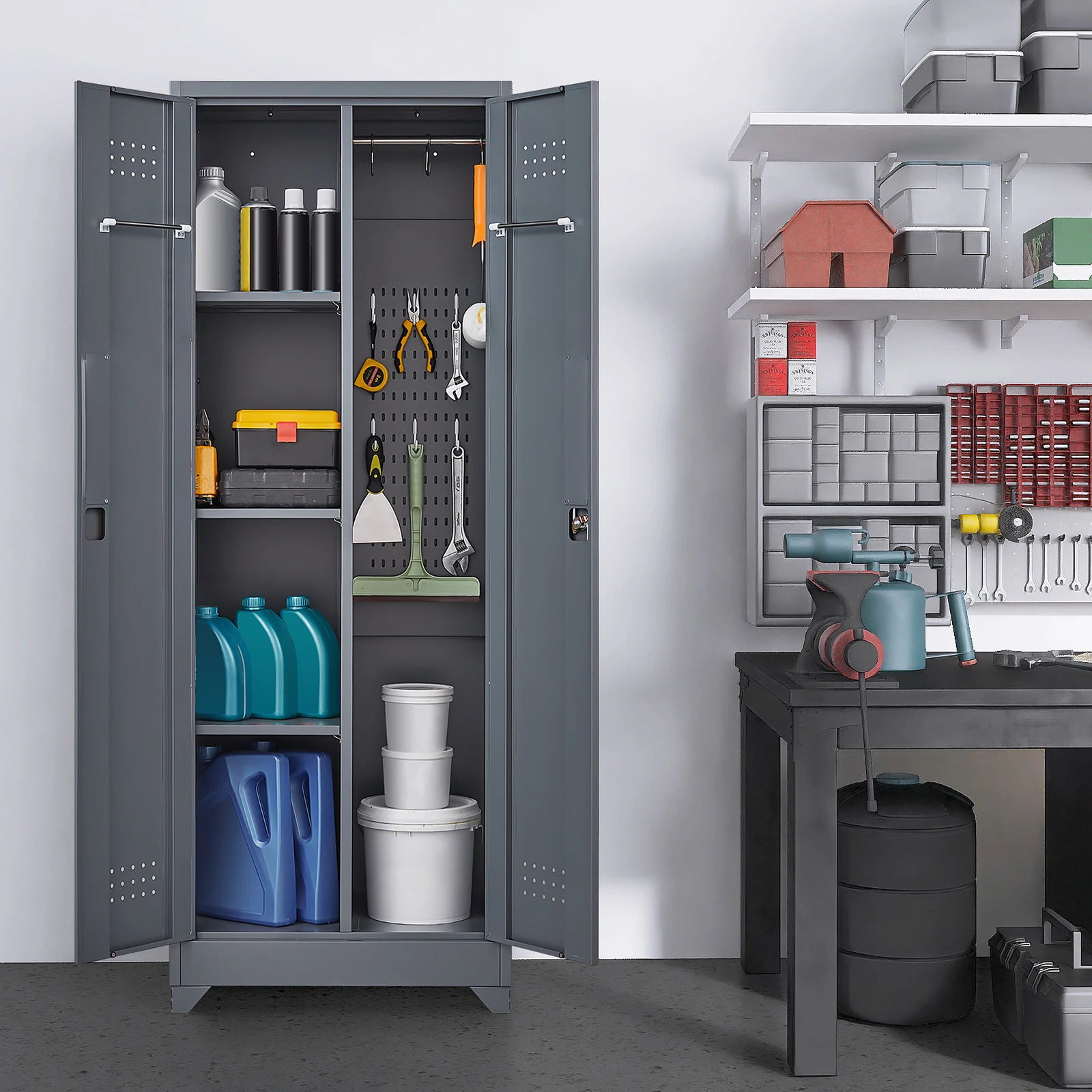 Armoire de rangement en métal gris foncé, armoire d'organisation, armoire utilitaire et placard, casier à outils de nettoyage verrouillable à double porte avec étagères et tringle de suspension, unité