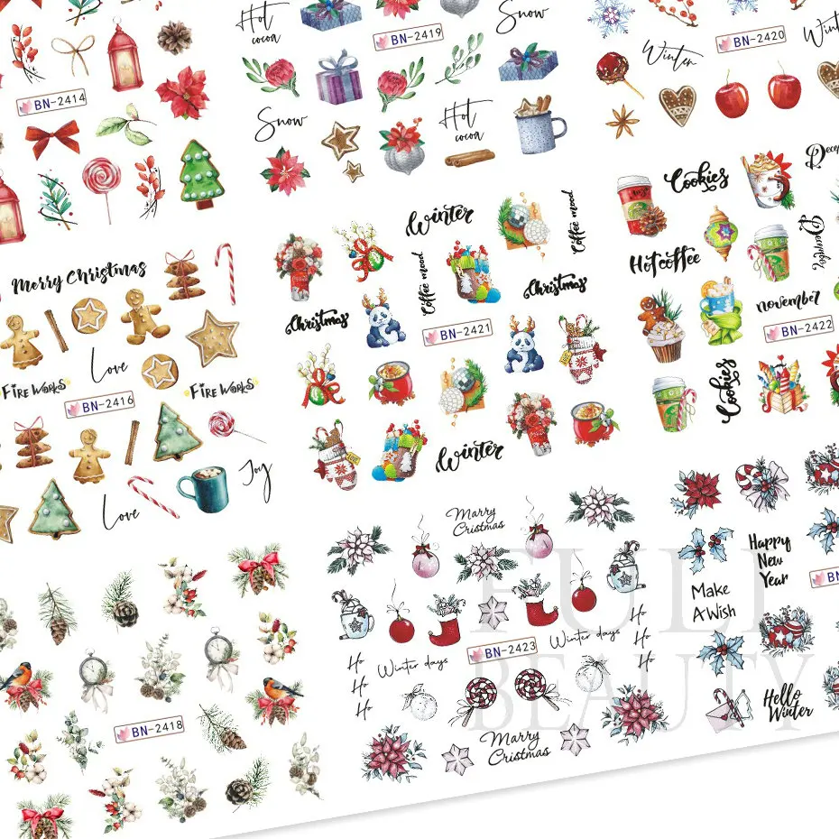 Christams Gingerbread Nails Stickers Xmas Bells Holly Water Sliders Sweet Coffee Cake Design Winter Decals Manicure BN2413-2424