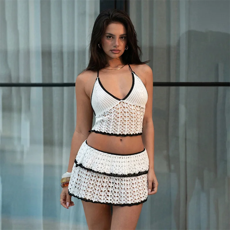 Vestido de playa de 2 uds., traje de baño de punto para mujer, traje de baño Sexy con cuello Halter, Top corto y minifaldas, envoltura de Bikini de ganchillo ahuecada