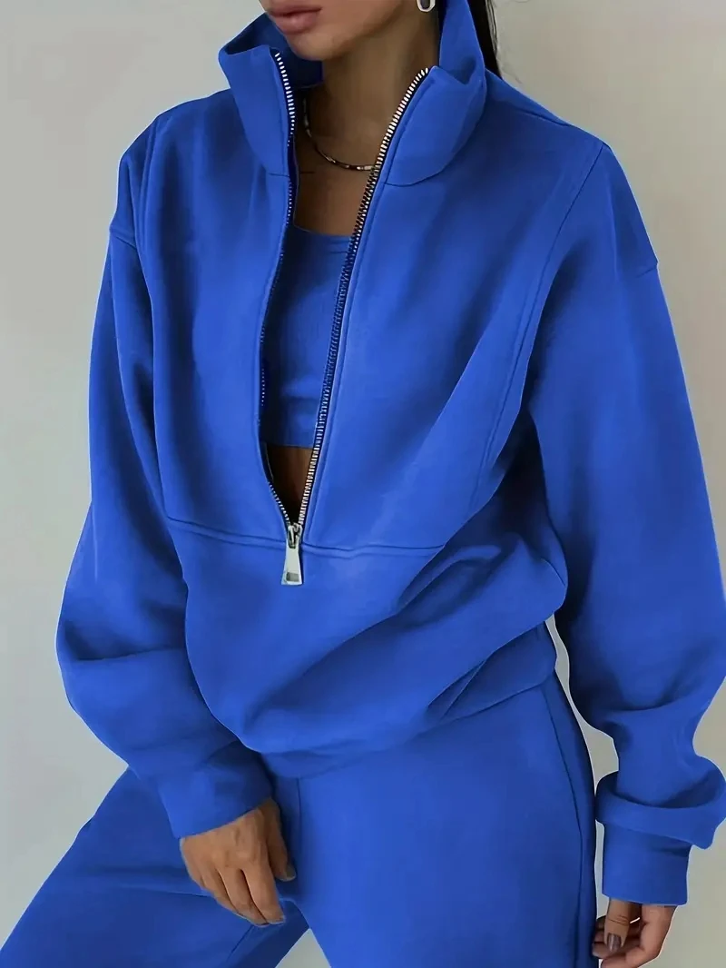 Winter Women Casual Matching Two-Piece Set Zip Up Sweaters Solid Colar Sweatpants Outfits Women Two Pieces Matching Suits