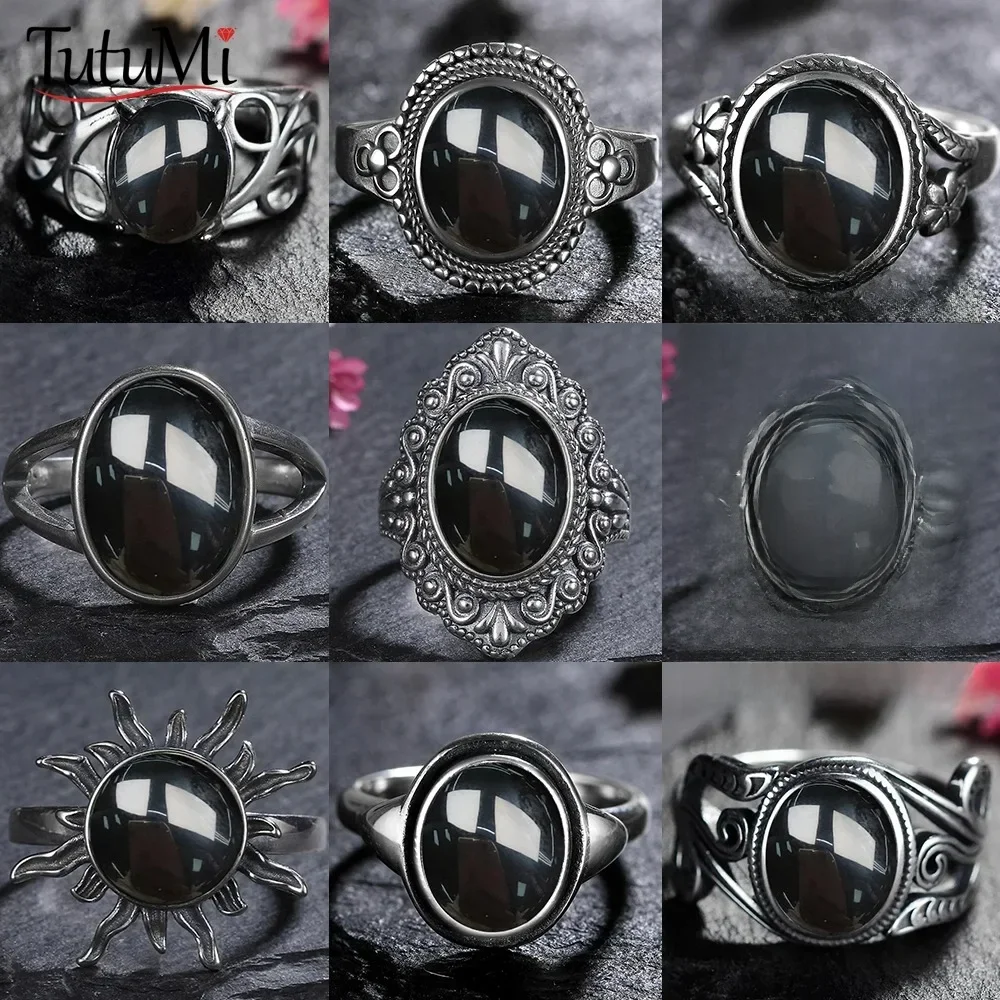 925 Sterling Silber Ring natürlichen schwarzen Achat Ring ovalen runden Retro-Schmuck für Frauen