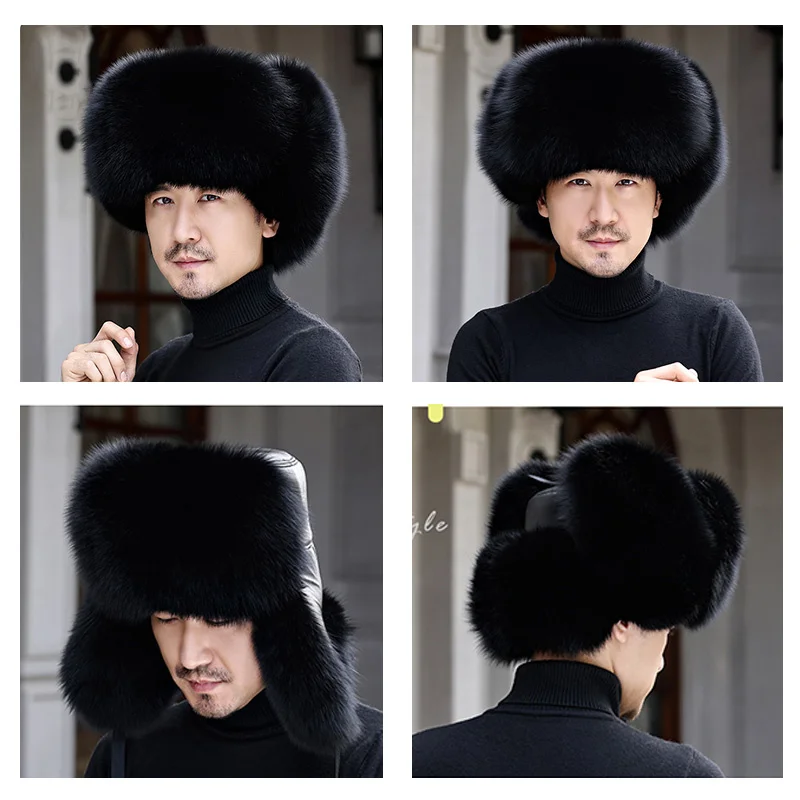 New Hat For Men Winter Natural Real Fox Fur Bombers Hats Outdoor Windproof Raccoon Fur Cap Man Luuxry Real Sheepskin Leather Hat