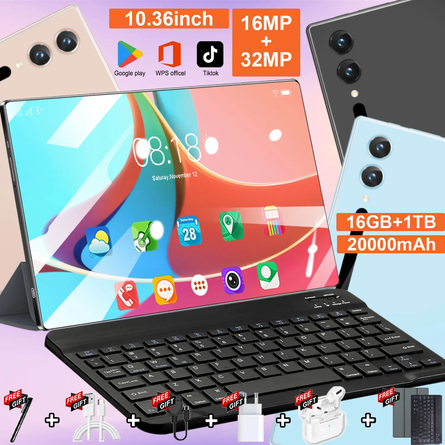 Tablette Originale 2026 Android 13, Écran HD 10,36 Pouces, 16 Go + 1 To, Batterie 20000 mAh, Processeur 14 Cœurs, 5G, Double SIM, Bluetooth, WiFi, GPS