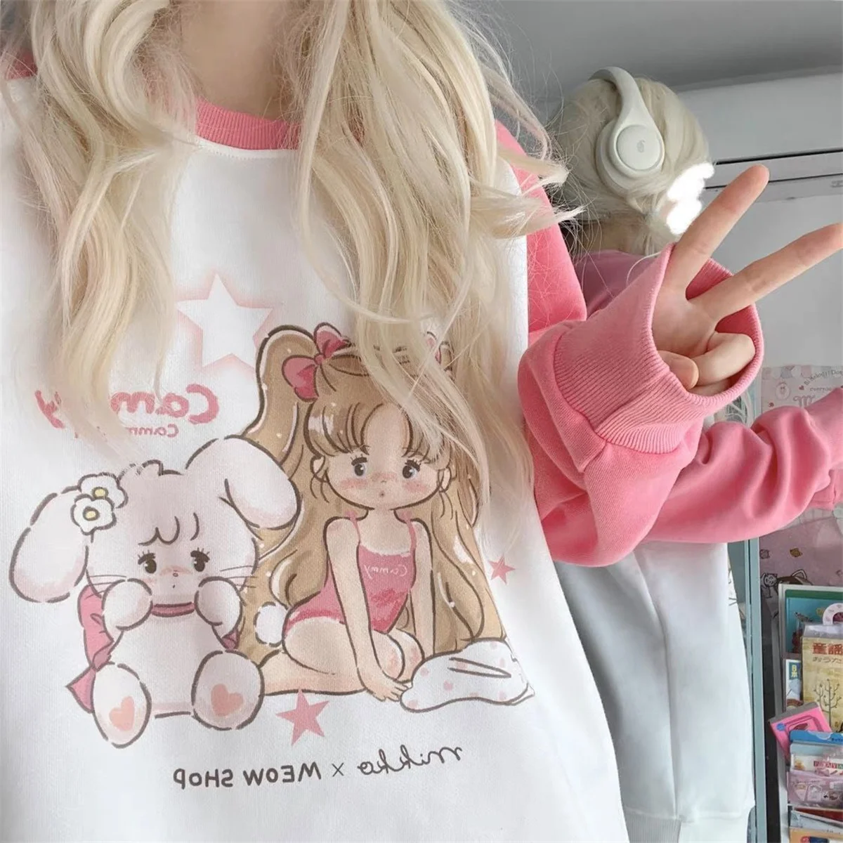 Japanese Cute Color Contrast Dopamine Sweater for Female New Sweet Student Loose Long Sleeve T-shirt Anime Cartoon Clothing