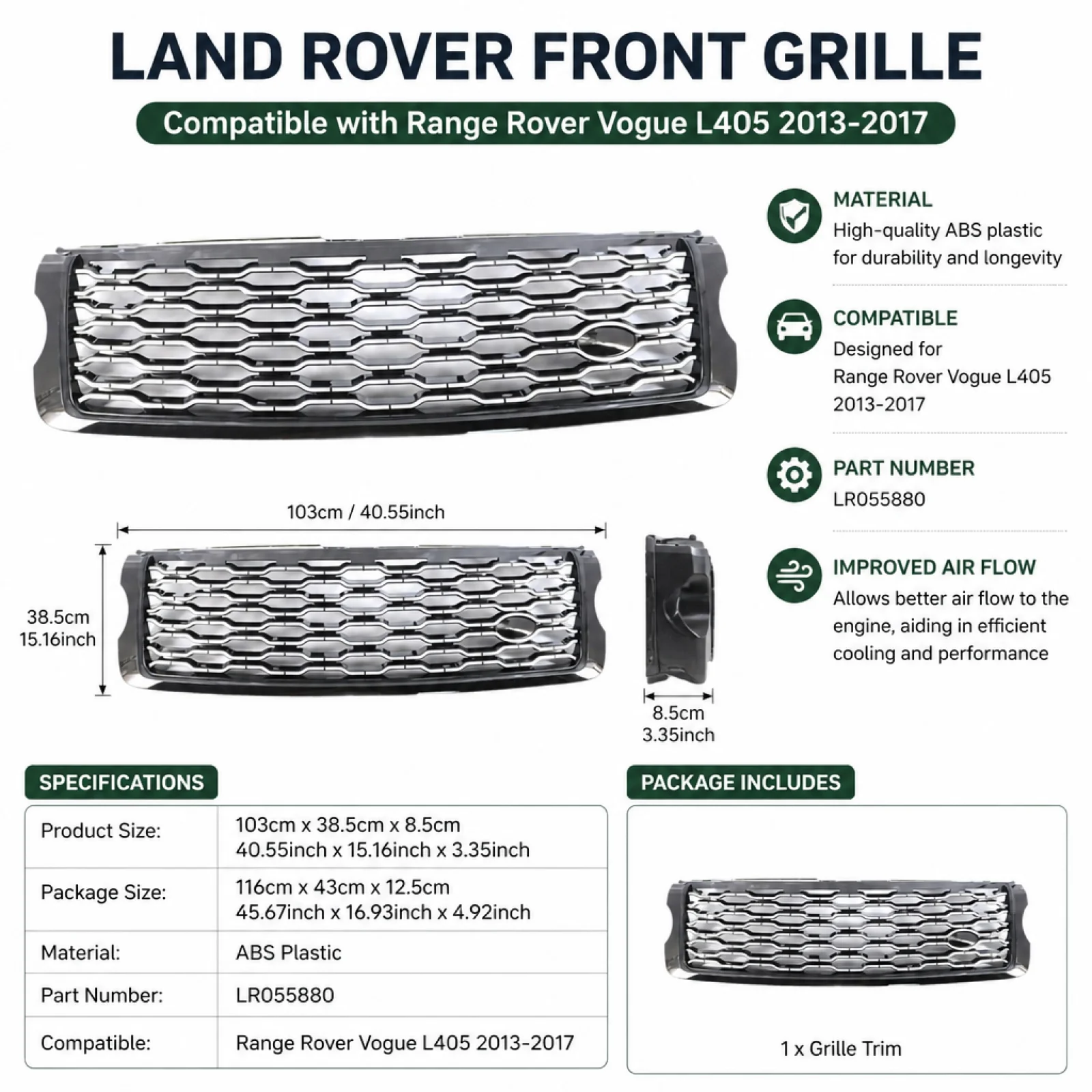 Grille Trim LR055880 Compatible Silver Sturdy Car Grille Protection Net Exterior Accessories for Range Rover 13-17 Vogue L405