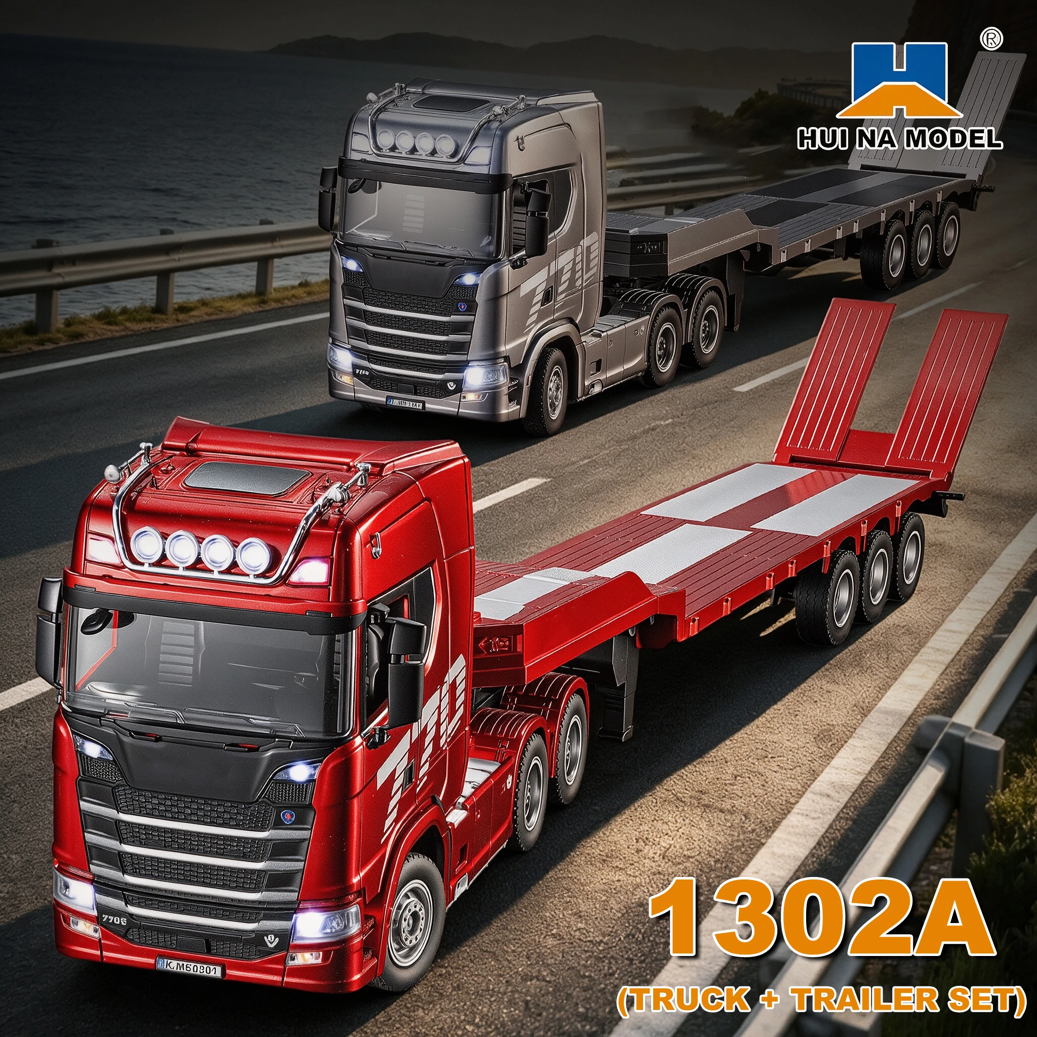 HUINA 1302A RC Truck 1/24 Scale 14CH 770S Tractor Truck With Trailer Model RTR Light Sound Remote Control Lorry Cars Toys