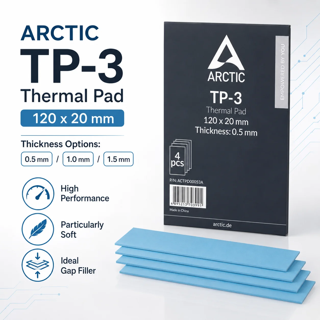 Coussin thermique ARCTIC TP-3 120x20mm 0.5/1.0/1.5mm en silicone souple pour GPU, VRAM, SSD, dissipateur thermique d'ordinateur portable