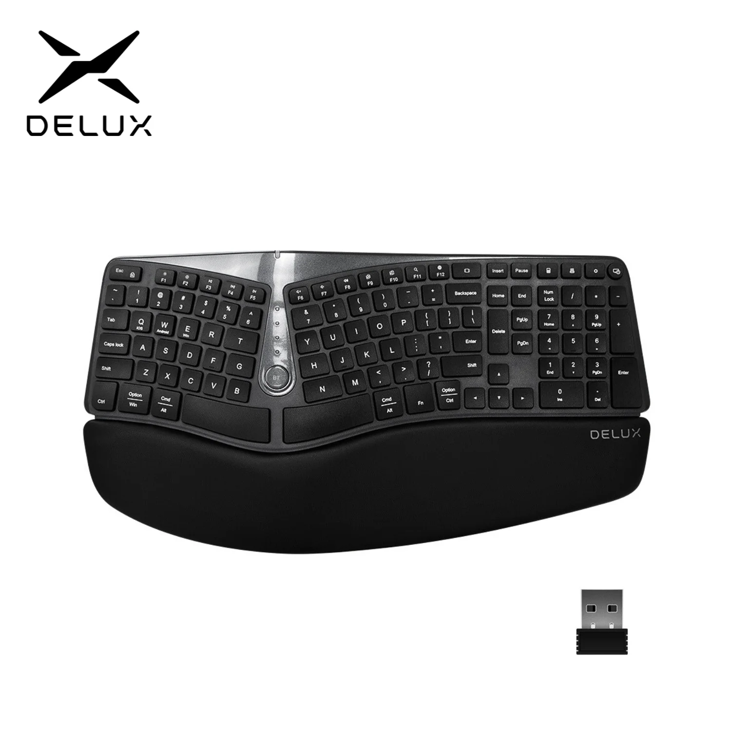 Delux GM901D Teclado dividido ergonômico sem fio com USB 2.4G e BT (BT1 + BT2) Bateria AAA descanso de palma macio para Windows e Mac