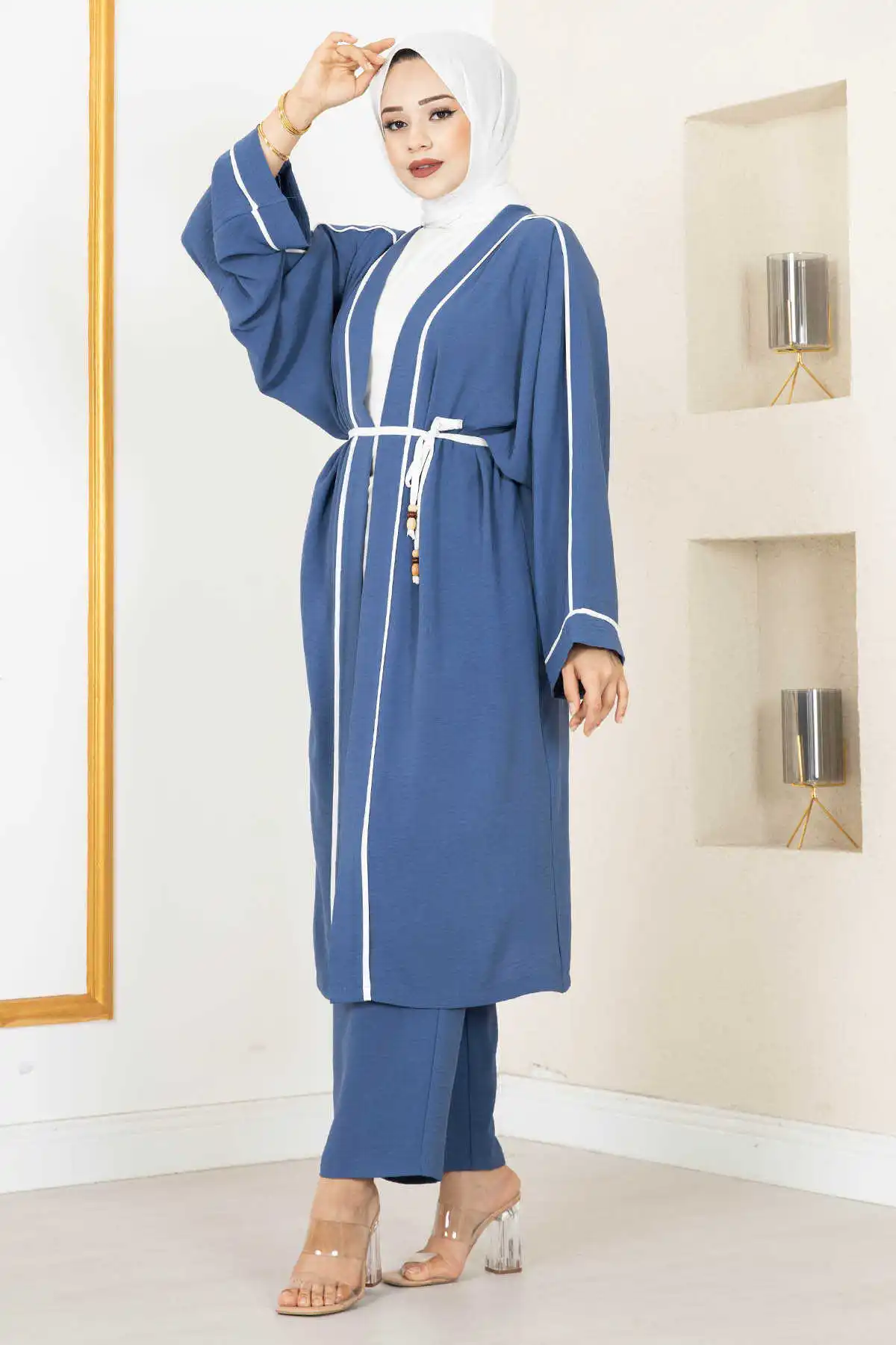 Conjunto de dos piezas de moda musulmana para mujer, Kimono Hijab doble, blusa informal de manga larga y pantalones holgados, Abaya de Dubái,