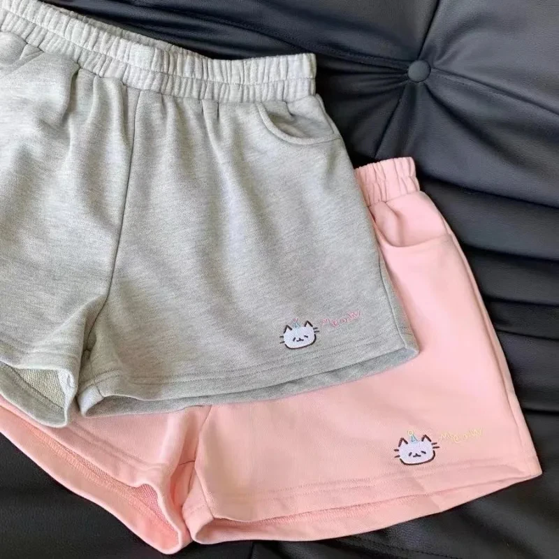 Cat Embroidery Shorts Women's Cute Japanese Summer Sweet Wide Leg Pants Pantalones Cortos De Mujer Casual Fashion Short Mujer