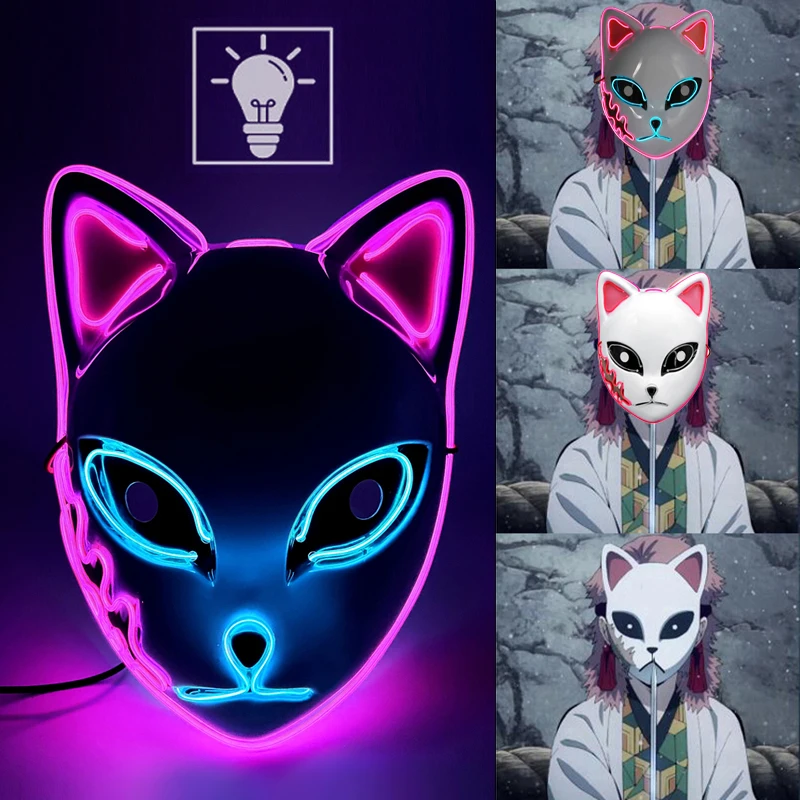 LED Glowing Cat Face Mask Cool Cosplay Neon Demon Slayer Fox Masks per Halloween Birthday Gift Carnival Party Masquerade Decor