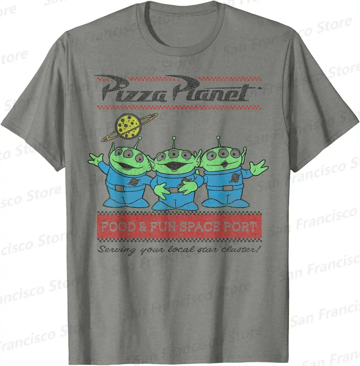 Letnie nowe chłopięce i dziewczyny Disney Pixar Toy Story Pizza planeta obcy kreskówka wzór t-shirt dla dzieci/dorosłych na co dzień z okrągłym