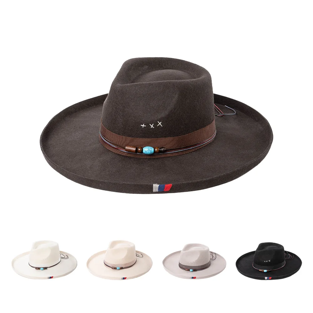 

wool Handmade felt hat -stitched beading woven ribbon featuring wide brim turned-up edge stylish casual warm hat.여성모자