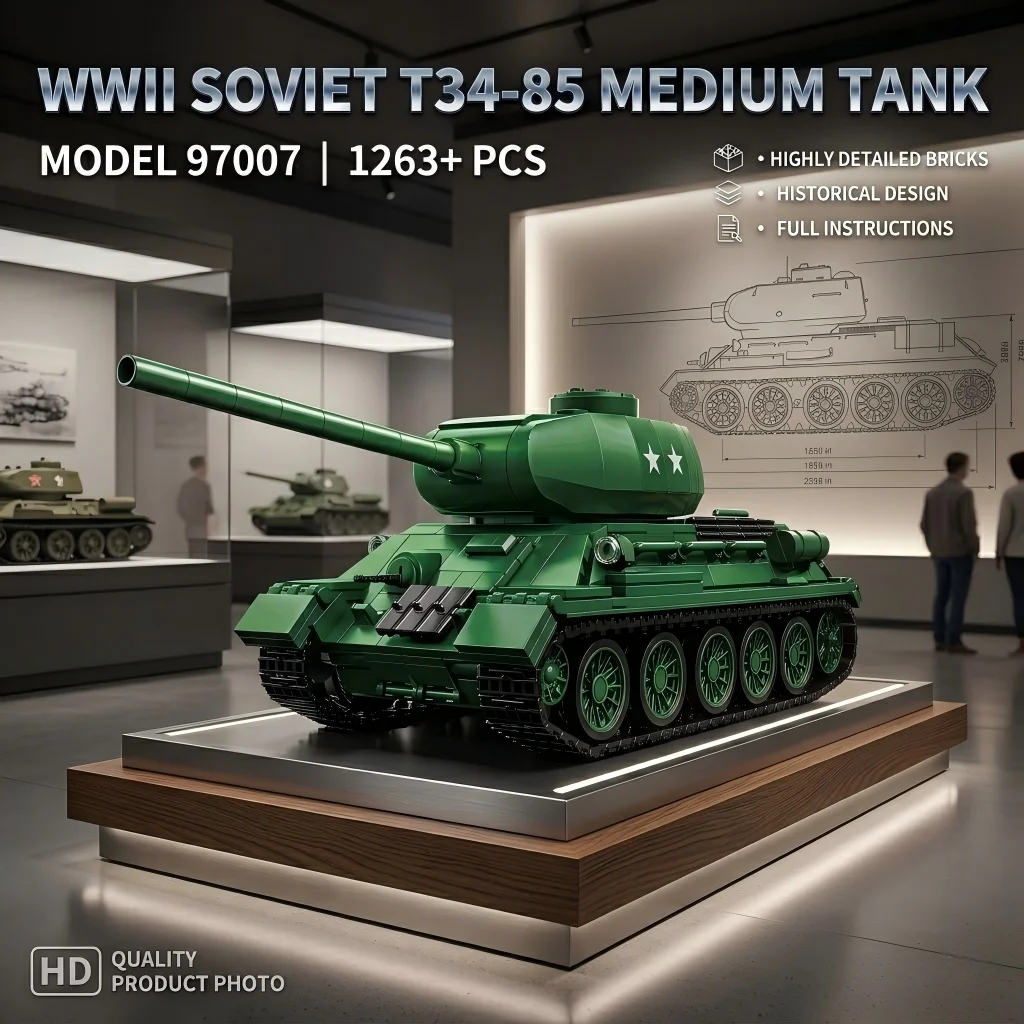 1263pcs Military T-34/85 Tank Building Blocks DIY WW2 Soviet Medium Tank Model MOC High-Tech Bricks Construction Toy Adults Gift