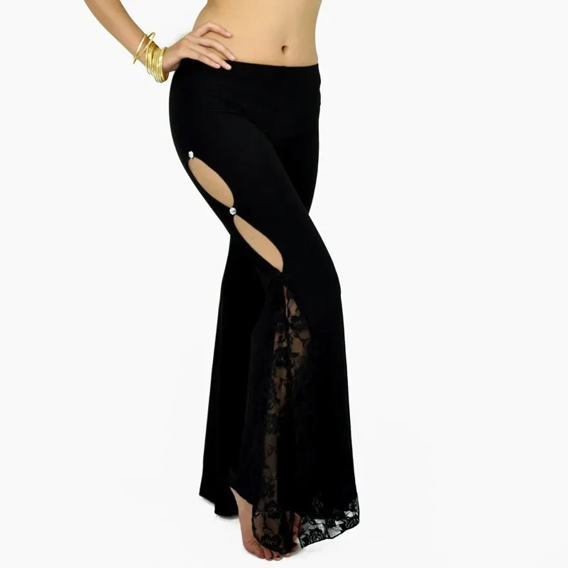 Damskie spodnie do tańca brzucha lady rozcięcia po bokach koronki praktyka starszy kryształ bawełna bellydance długi rozkloszowany spodni profesjonalny strój do tańca — zdjęcie 2