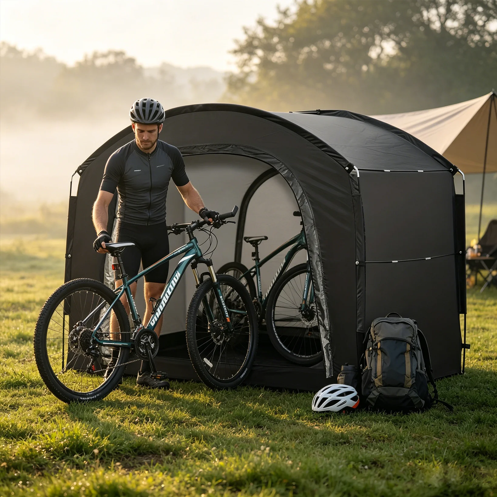 Carpa de Almacenamiento para Bicicletas Impermeable con Capacidad para 4 Bicicletas, Cubierta para Bicicletas para Exteriores, Protección contra Lluvia, Nieve y Rayos UV para Todo Tipo de Clima, Multiusos para Herramientas de Jardín y Juguetes, Portátil con Bolsa de Almacenamiento, Tela Oxford 210D, Postes de Fibra de Vidrio, Montaje Rápido