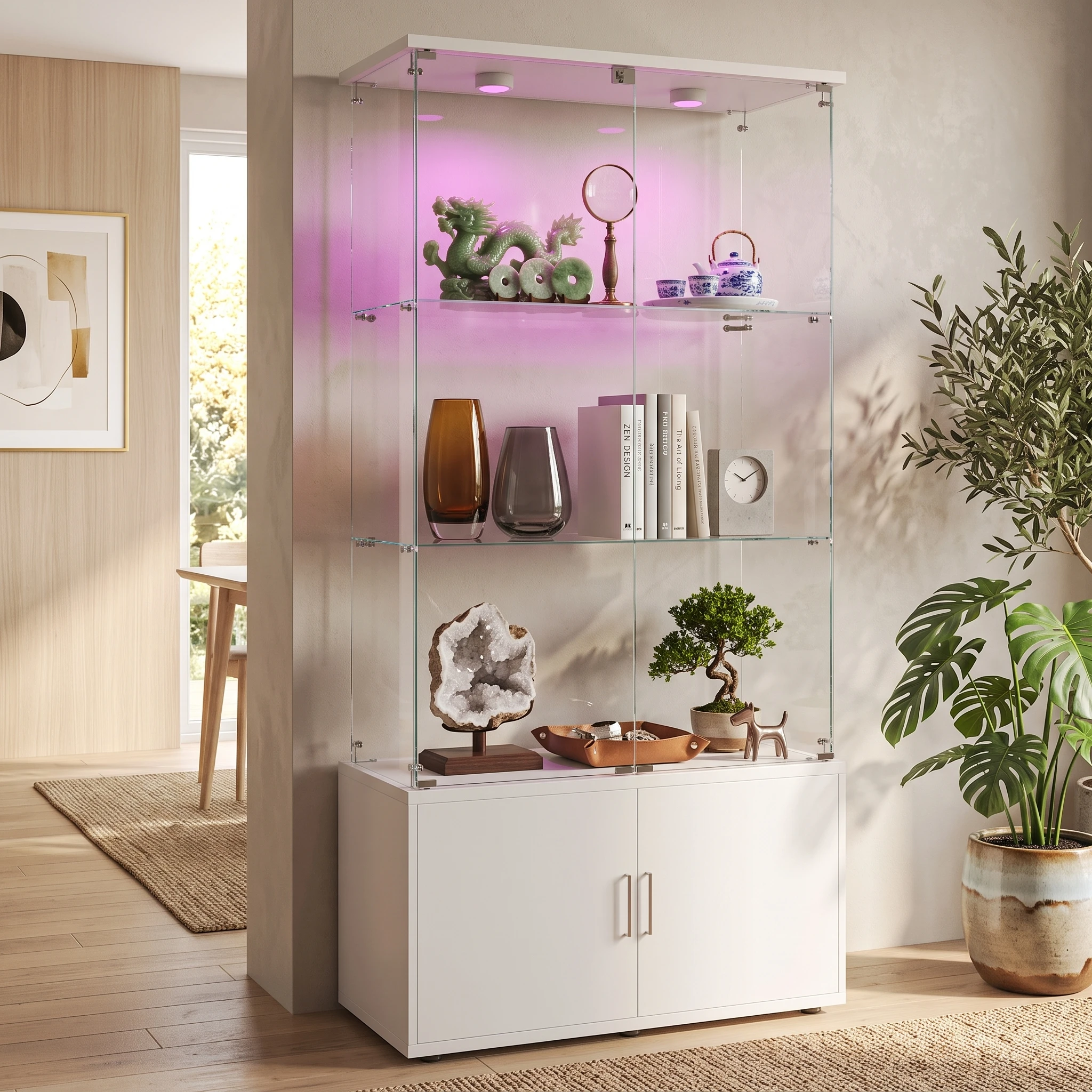 Vitrine en verre Superaly à 4 niveaux avec 4 portes, vitrine en verre, vitrine sur pied pour collection, figurines, livres, vin, pour salon, bar, blanc