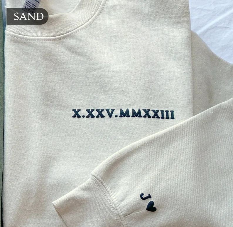 Personalized Roman Numeral Date Sweatshirt Custom Sleeve Initial Couples Sweater Valentines Day Gift Anniversary Gift for Him