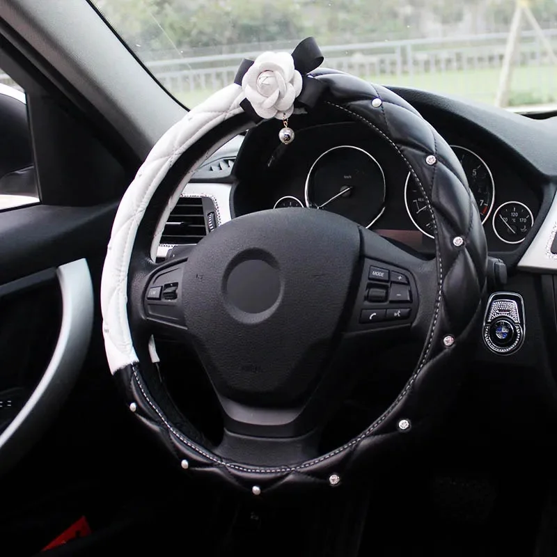 Diamentowe krystaliczne białe kwiat kamelii dekoracja do wnętrza samochodu obudowa na przyciski na kierownicy skóra Car Styling Rhinestone samochód pokryty — zdjęcie 2
