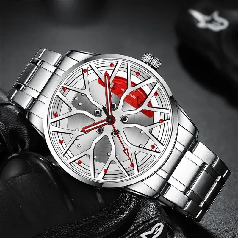 Montres de roue de voiture en acier inoxydable pour hommes, montre-bracelet à quartz étanche, montre de sport de luxe, moyeu de roue, mode
