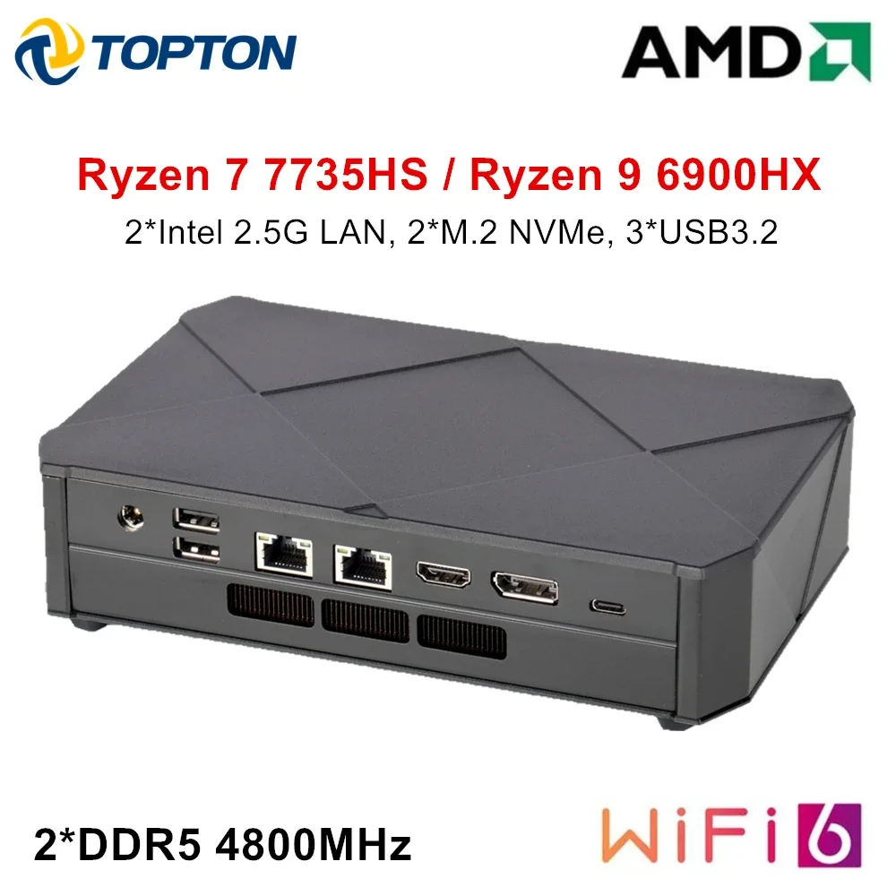 Cheap Gaming Pc AMD Ryzen 7 7735HS 9 6900HX Mini PC Gaming Windows 11 Office Computer Dual 2.5G LAN Router DDR5 NVMe 3x4K WiFi6