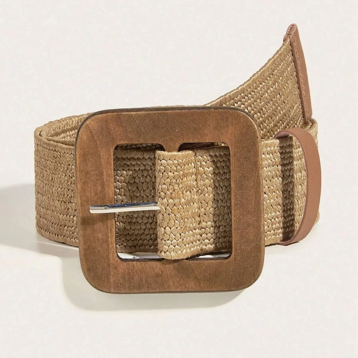 Fashion Women Square Wooden Buckle Boho Straw Belt Decoration Weave Detail Women Belt for Dress