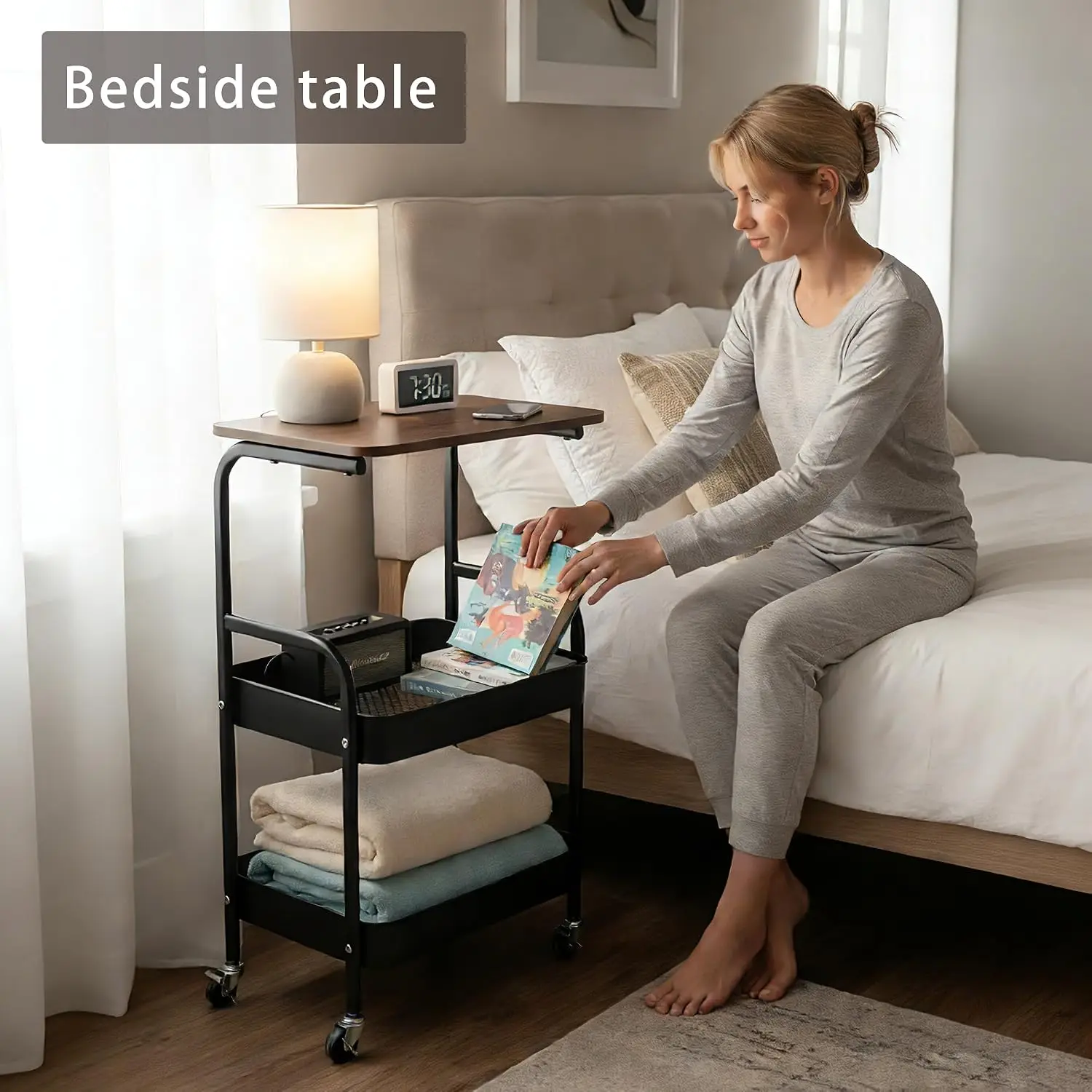 Mobile Rolling Utility Cart with Wooden Table Top, 3-Tier Metal Storage Trolley on Lockable Wheels, Multi-Purpose Movable Side Table for Living Room, Bedroom, Office, Books & Daily Item Organization