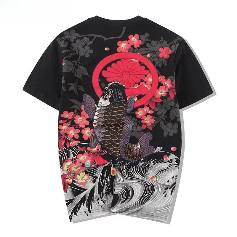 Supzoom Neue Ankunft FashionCotton Oansatz Tier Chinesischen Stil Bestickt Karpfen Tattoo Welt Malerei Lose Kurze T Hemd Männer