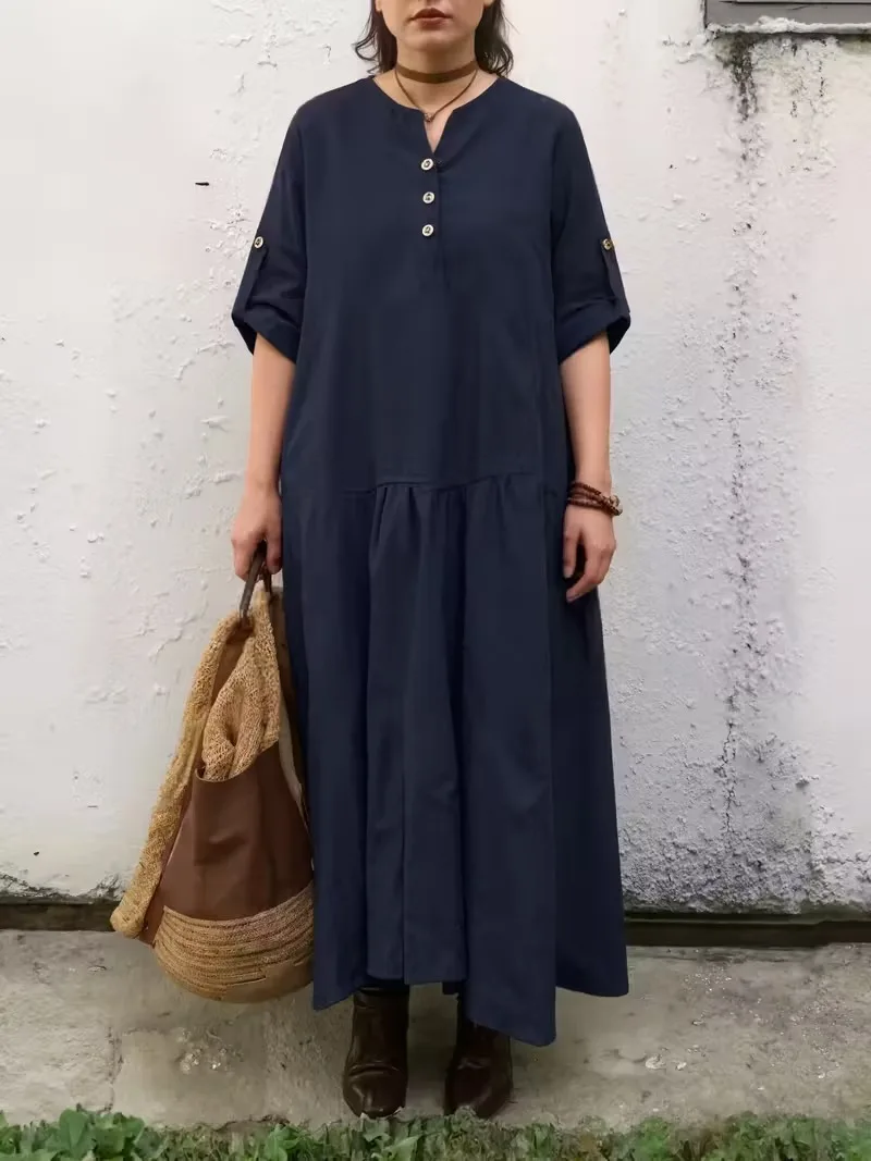 女性用ドレス カジュアル 3/4 スリーブ ボタンドレス ソリッド バギー ルーズフィット 流れるようなサマーマキシドレス