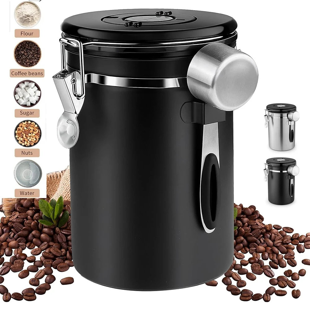 Kaffeedose luftdicht aus Edelstahl 2.8 L Kaffeebohnen Vorratsdose mit Löffel Und Zeiterfassungsaufbewahrung aufbewahrungs behälter mit deckel Für kaffee Tee Kakao Körner Nüsse Schwarz