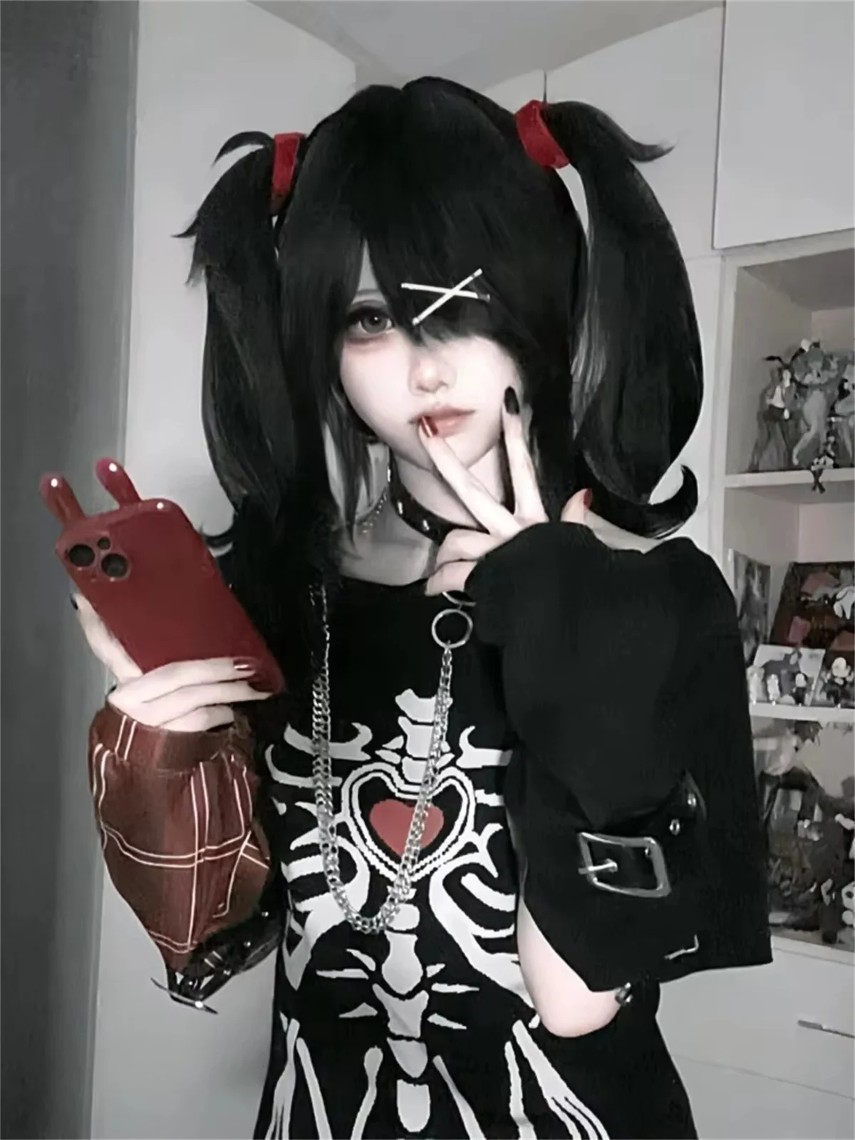 Japanische Sommer-T-Shirts mit Feen-Skelett-Print, Harajuku Vintage Lässige Lockere Schwarze Oberteile 2025, Damen Streetwear Grunge Punk Tees – Detail 2