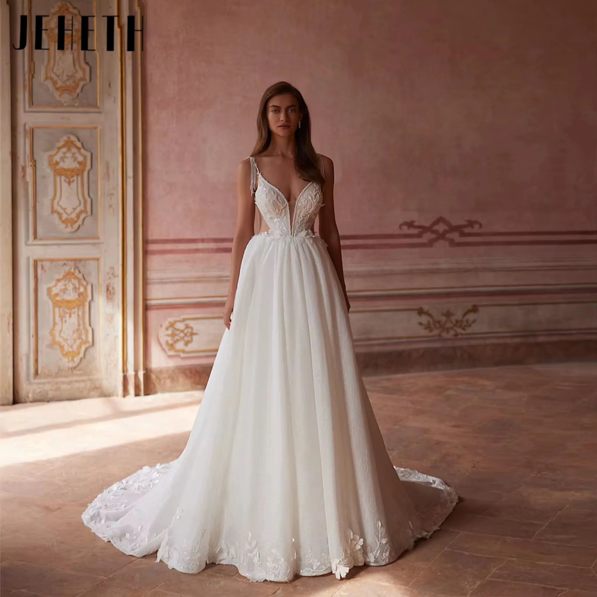 

JEHETH Shiny Elegant 3D Flower Deep V-neck Beaded Lace A-line Long Wedding Dress Charming Bridal Gown Customized 2025