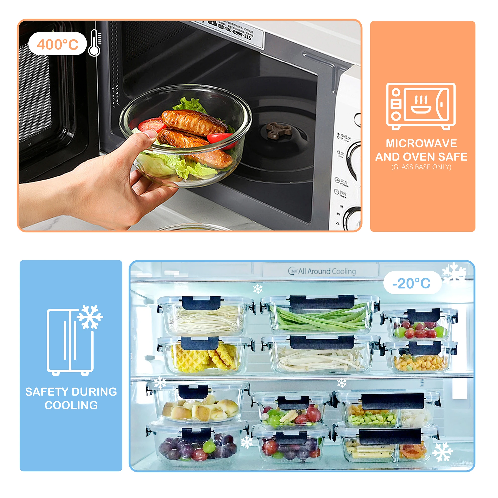 6 x 950ml Glas-Lebensmittelbehälter mit luftdichten Deckeln, geeignet für Kühlschrank und Mikrowelle, BPA-frei. – Detail 6