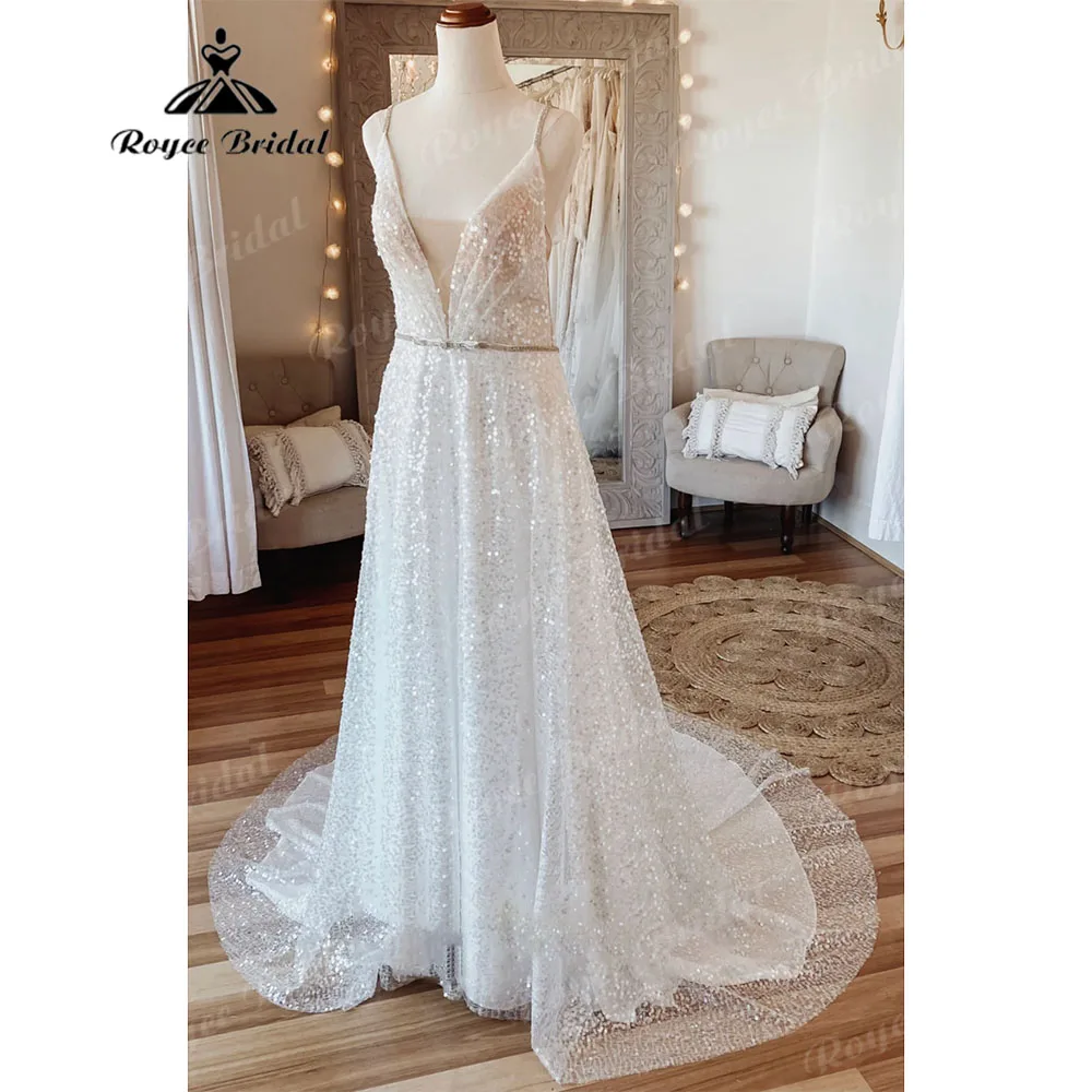 Sparkly Shiny Glitter Boho Beach Wedding Dress Open Back 2023 Vestidos Civil Bridal Gowns Spaghetti Straps Vestidos de Fiesta