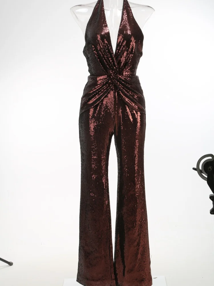 Новинка лета 202, женский винно-красный Холтер с глубоким v-образным вырезом, тонкий комбинезон без рукавов с открытыми плечами, сексуальная праздничная одежда с открытой спиной