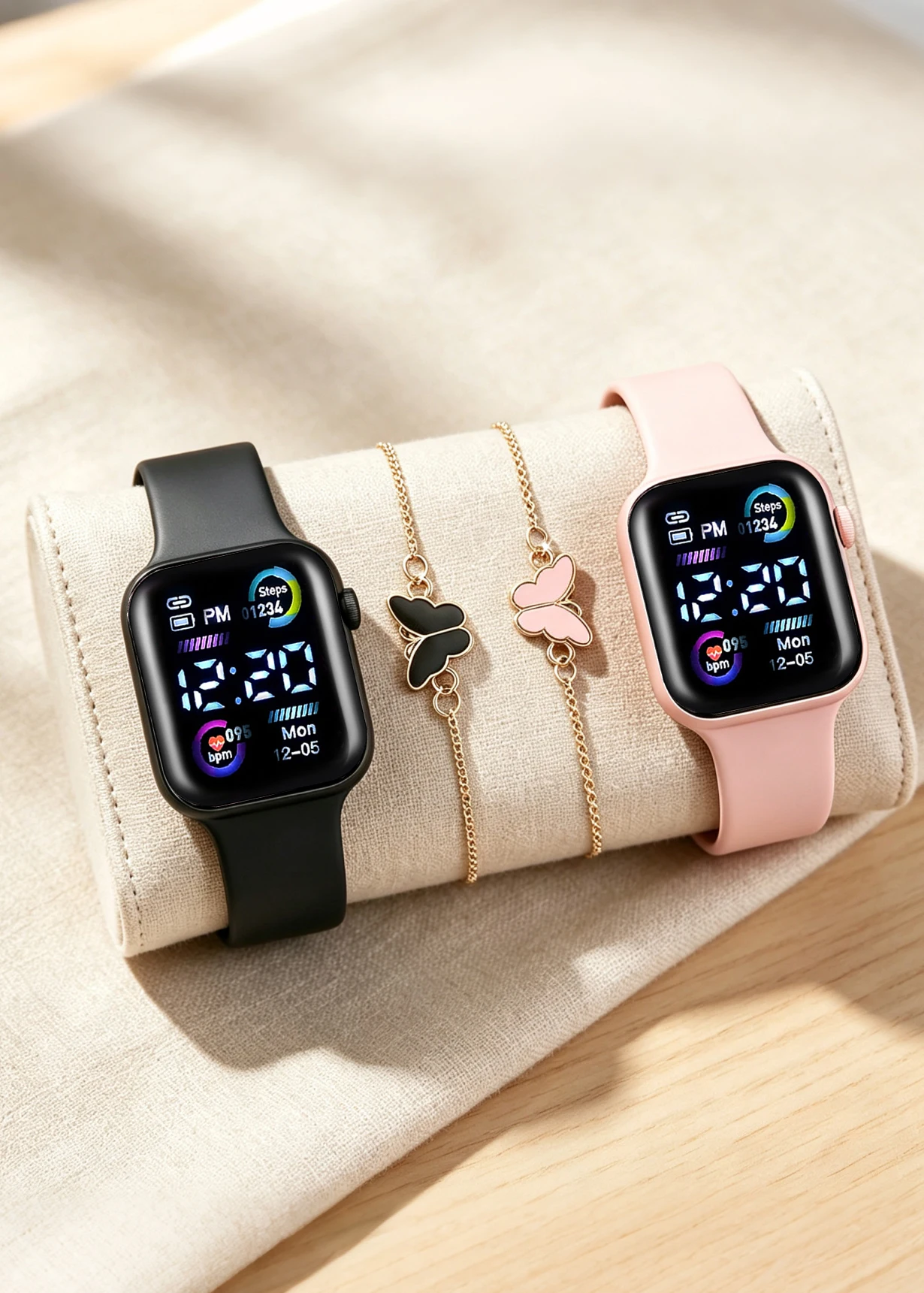 4-Piece Set of Cute and Stylish Electronic Watches for Couples, Paired with a Black and White Butterfly Bracelet Set, Suitable for Couples, Casual and Versatile, a Great Choice as a Gift