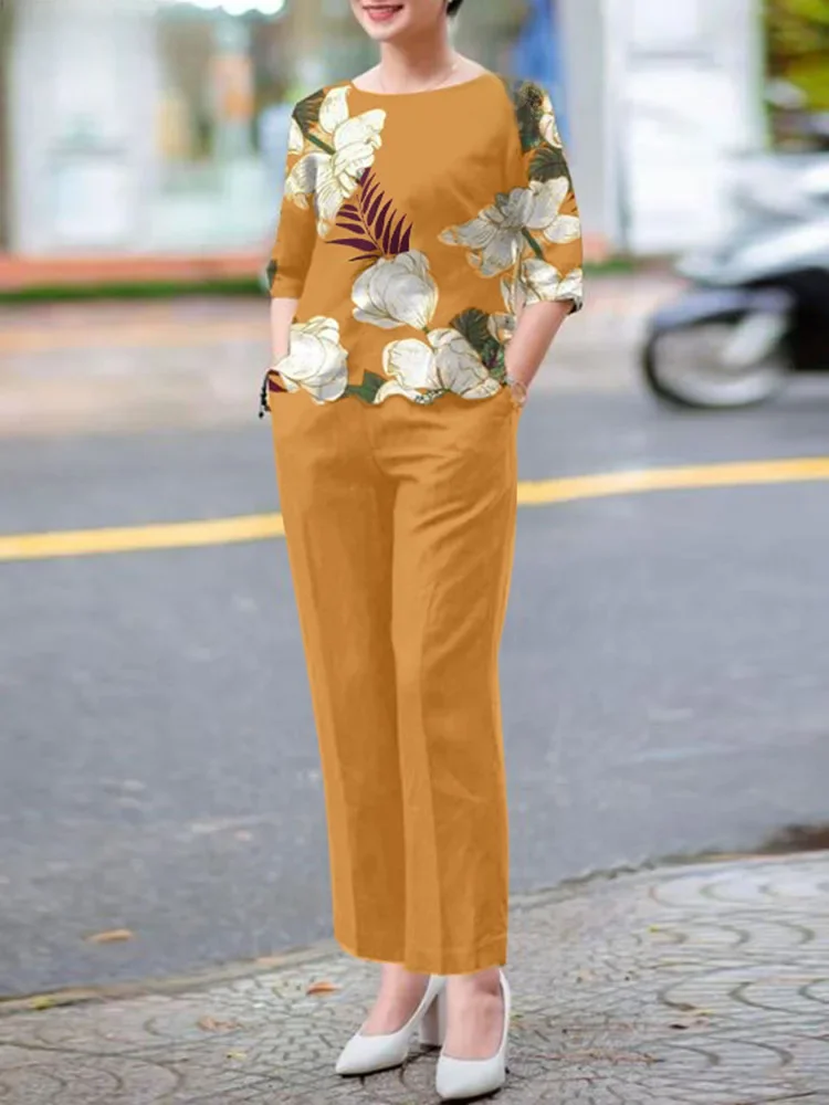 ZANZEA 2 szt. Moda z krótkim rękawem kwiecista bluzka zestawy spodni kobiety garnitur do pracy w biurze letnie dresy eleganckie pasujące zestawy Oversize — zdjęcie 2