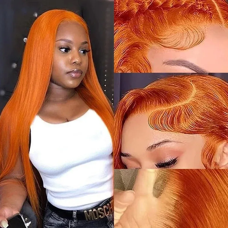 Sophia-Perruque Lace Front Wig Brésilienne Naturelle Cheveux Lisses, Couleur Orange, 13x5 HD, 350, 200%, pour Femme