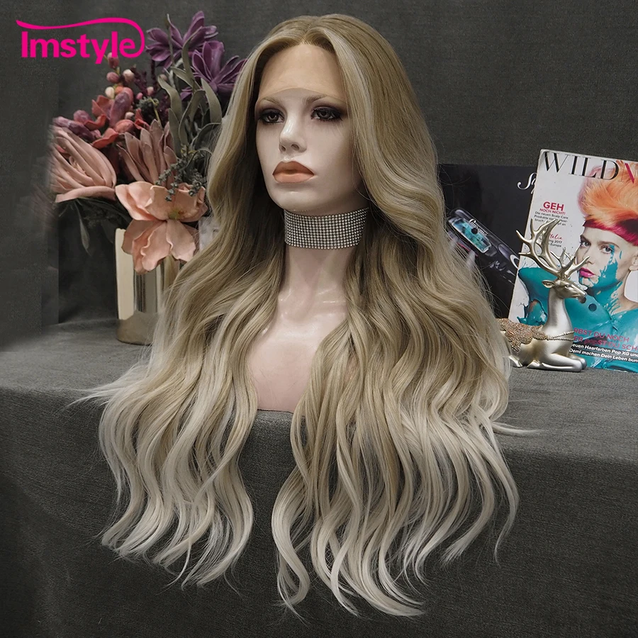 Imstyle Ombre Blonde Wig Synthetic Lace Front Wig Long Wavy Wigs For Women T Part Lace Wig Heat Resistant Fiber Natural Hairline