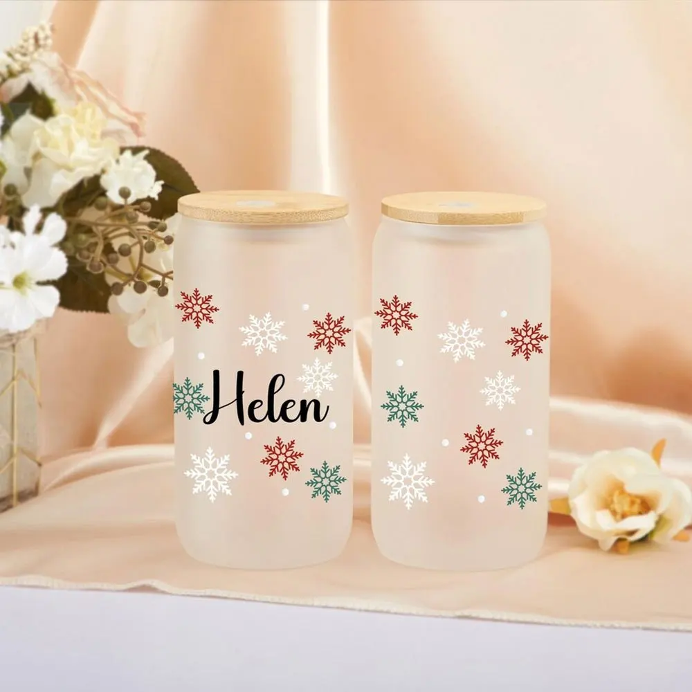 2026 New Snowflake Glass Can Cup Custom Name Iced Coffee Tumbler with Bamboo Lid and Straw, Christmas Holiday Drink Gift view 4