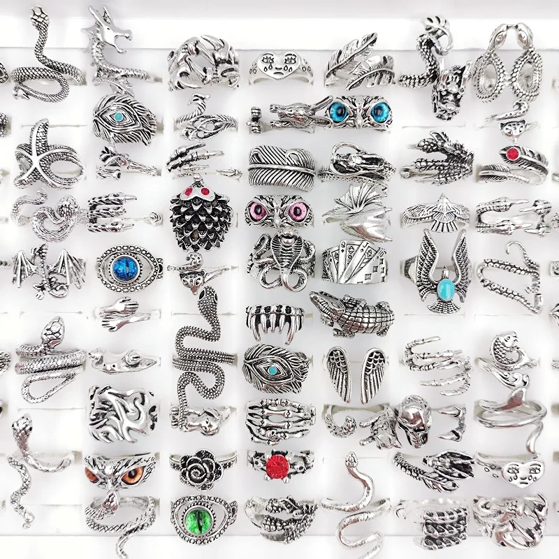 20/30/50Pcs/Lot Vintage Punk Snake Rings for Women and Men Dragon Animal Devil's Eye Adjustable Mix Hip Hop Gothic Charm Jewelry